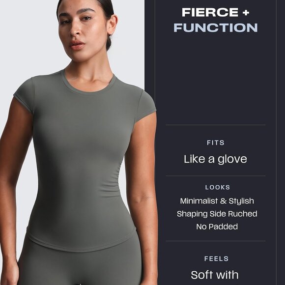 Stylish Women's Crew Neck Olive Haze Ruched Crop Top - PlushFlex Gym Wear - Picture 2 of 5